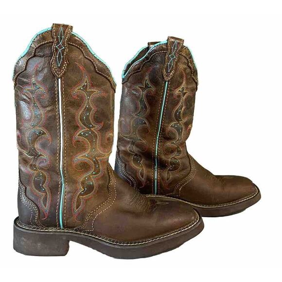 Justin Boots Womens Size 7B Gypsy Raya L2900 12” Brown Turquoise Leather Western - Picture 1 of 14